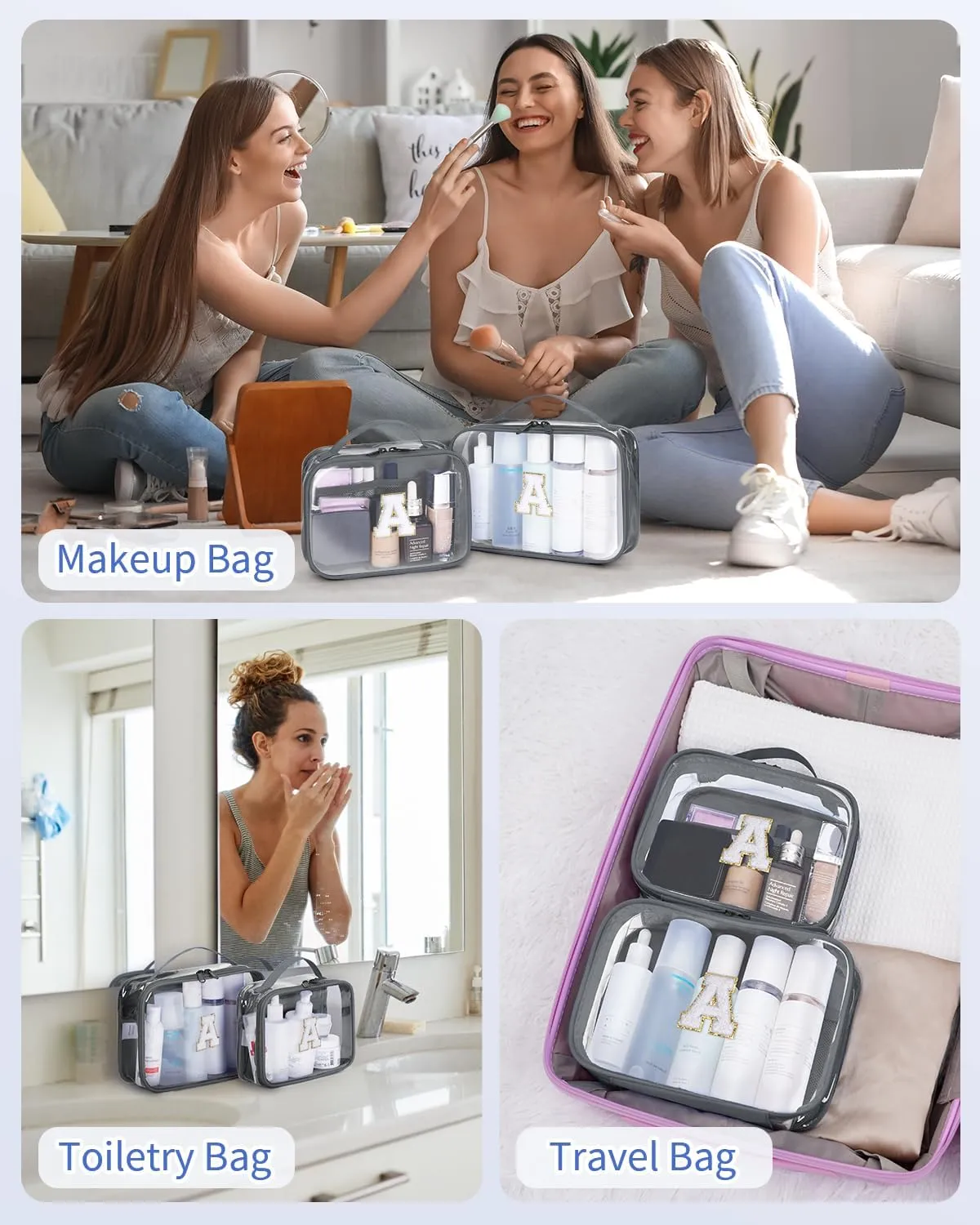 Wandering Nature Clear Makeup Bags 2 Pack Personalized Initial Makeup Pouch Preppy Small Cosmetic Pouch Organizer Travel Toiletry Bag, Birthday Gifts for Girlfriend Women