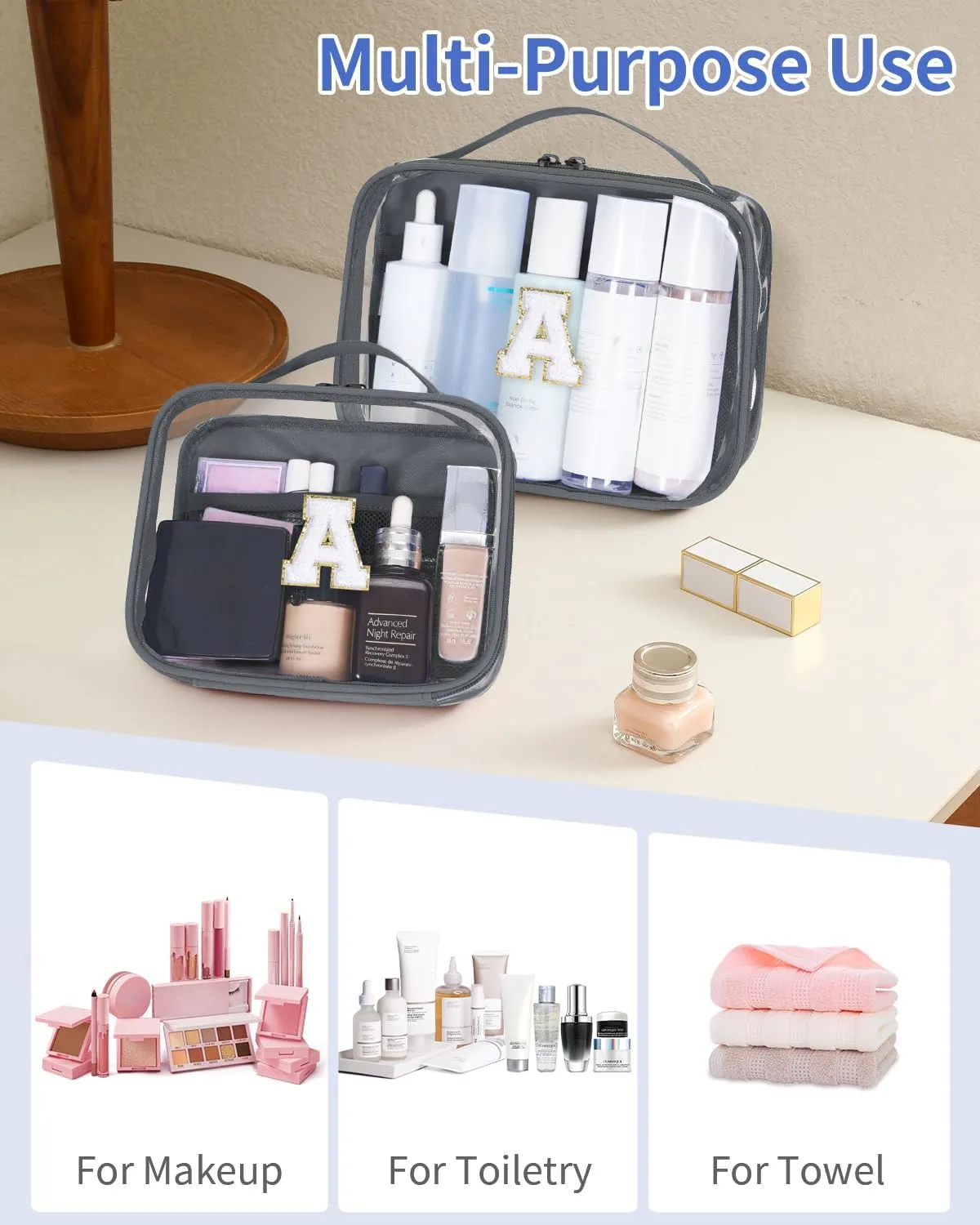 Wandering Nature Clear Makeup Bags 2 Pack Personalized Initial Makeup Pouch Preppy Small Cosmetic Pouch Organizer Travel Toiletry Bag, Birthday Gifts for Girlfriend Women