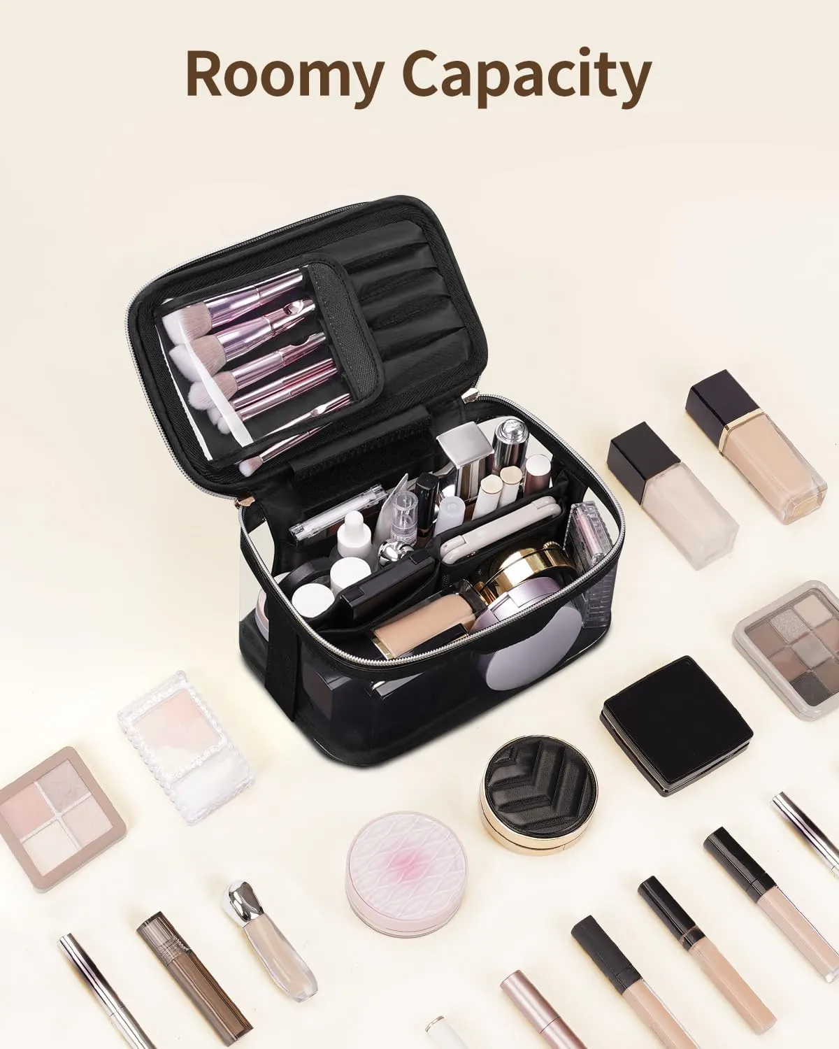 Wandering Nature Clear Makeup Bag,Transparent Travel Make Up Organizer Cosmetic Brush Bags for Women with Divider and Brush Compartment, Patent Pending