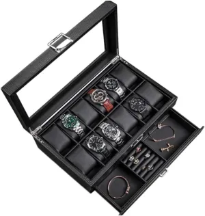 Watch Box Watch Case Watch Organizer Watch Box Earrings Necklace Leather Drawer Storage Box With Lock Transparent Glass Top Cover Watch Cases For Men (Color : A, Size : 12 Epitope)