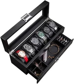 Watch Box Watch Case Watch Organizer Watch Box Earrings Necklace Leather Drawer Storage Box With Lock Transparent Glass Top Cover Watch Cases For Men (Color : A, Size : 6 Epitope)