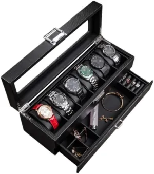 Watch Roll Watch Case Watch Stand Watch Box Leather Watch Box Earrings Necklace Drawer Storage Box With Lock Transparent Glass Top Cover Watch Winder Watch Organizer Boxes (Color : Black, Siz (Color