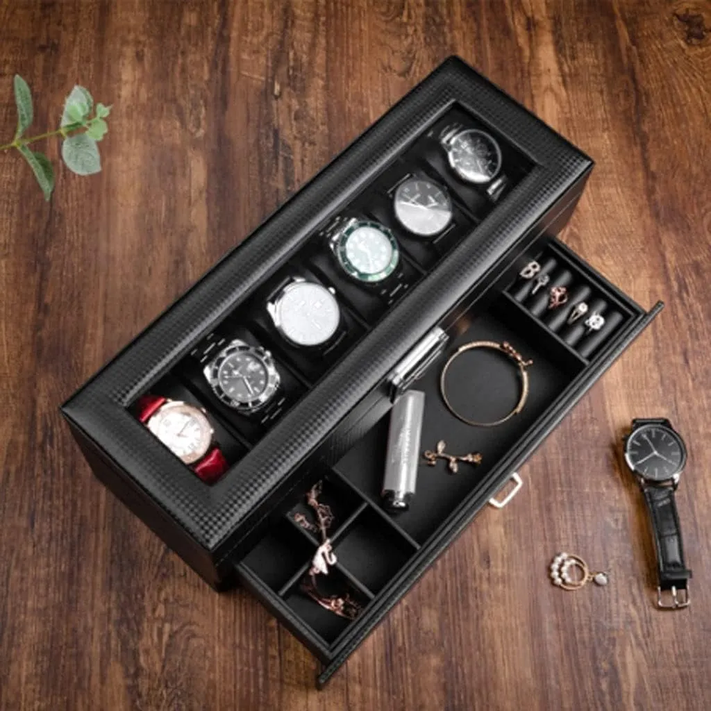 Watch Roll Watch Case Watch Stand Watch Box Leather Watch Box Earrings Necklace Drawer Storage Box With Lock Transparent Glass Top Cover Watch Winder Watch Organizer Boxes (Color : Black, Siz (Color