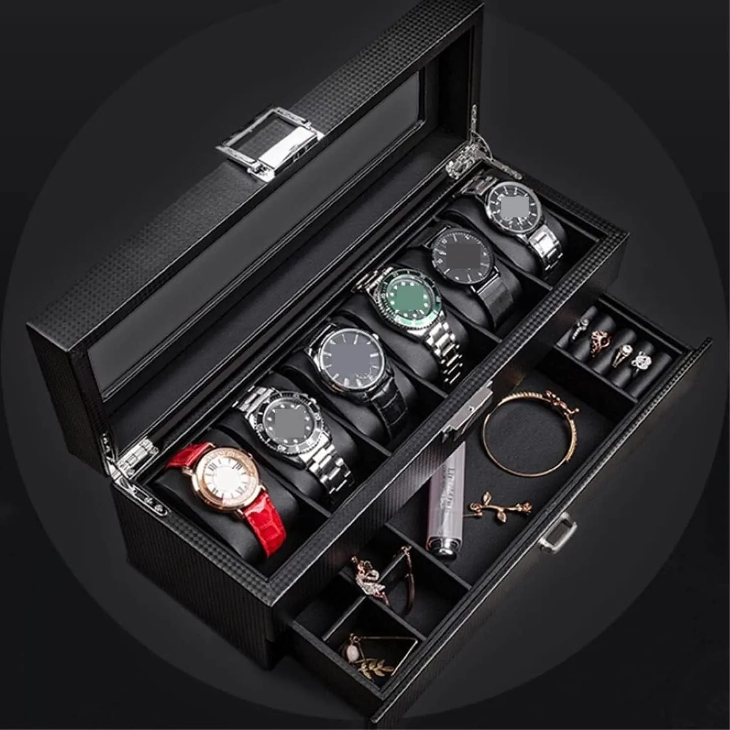Watch Roll Watch Case Watch Stand Watch Box Leather Watch Box Earrings Necklace Drawer Storage Box With Lock Transparent Glass Top Cover Watch Winder Watch Organizer Boxes (Color : Black, Siz (Color