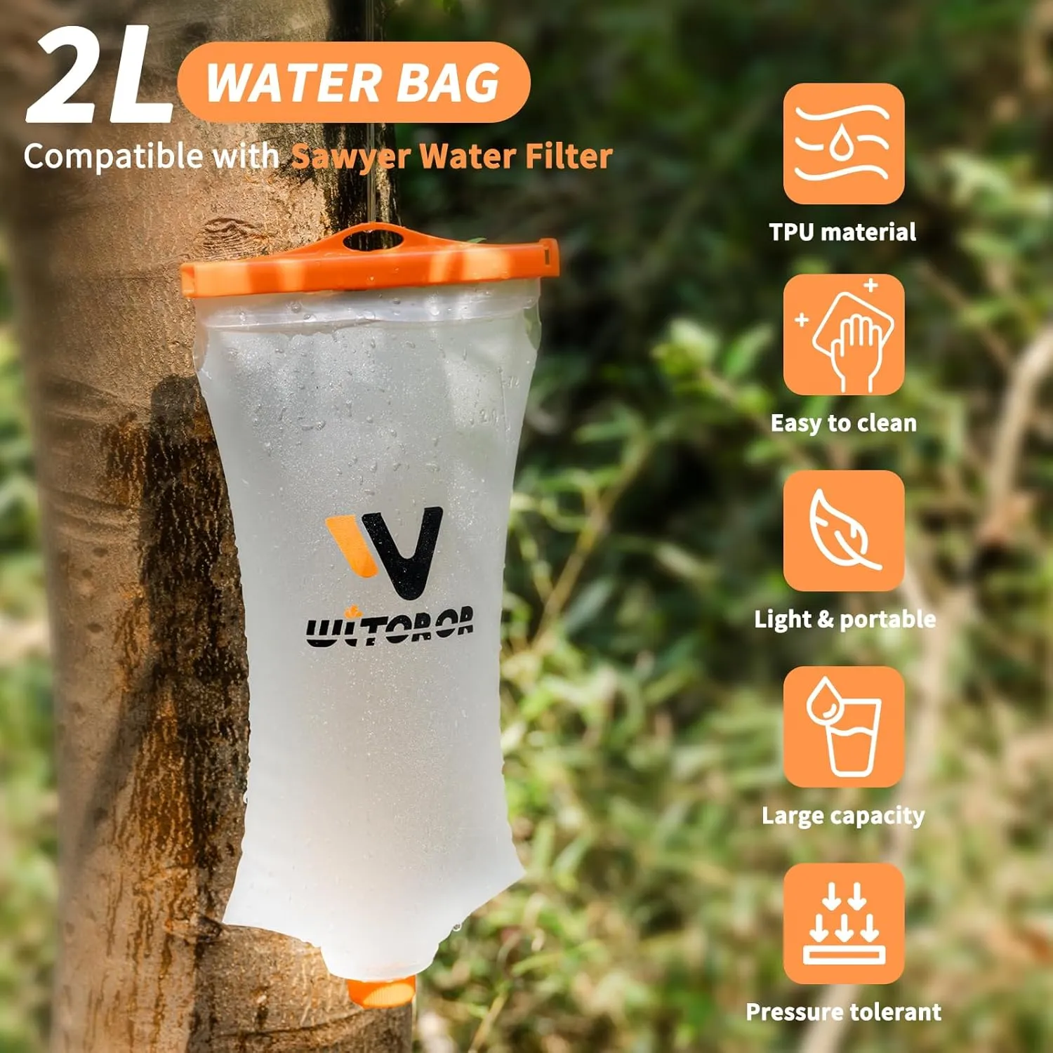 Water Bag 2L Compatible with Sawyer Squeeze Water Filter, Durable TPU Material, BPA & PVC Free Squeeze Pouch, Collapsible Hydration Canteens for Camping Hiking Cycling Fishing or Traveling