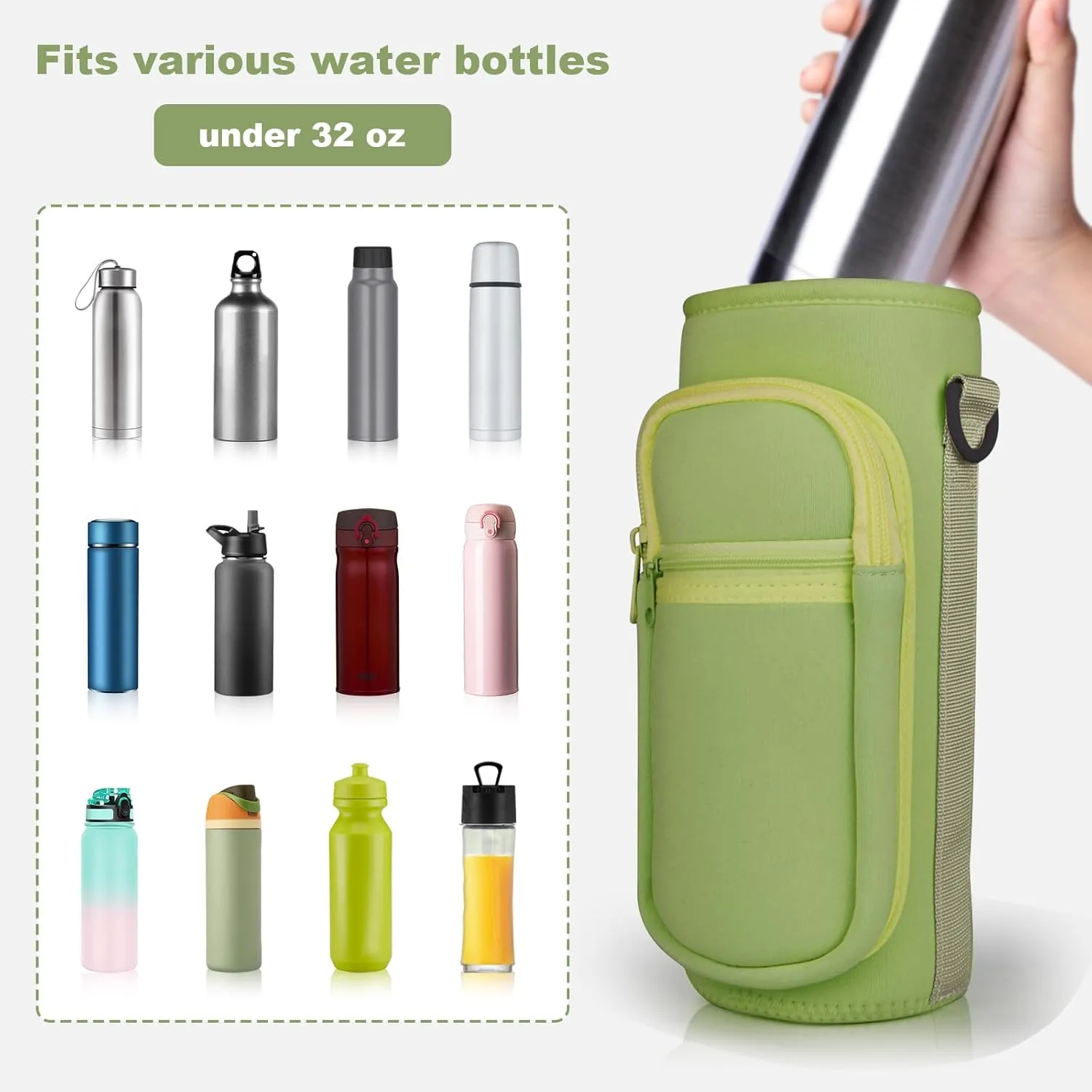 Water Bottle Holder with Strap, Water Bottle Carrier Bag with Phone Pocket, Shoulder Hand Strap Insulated Neoprene 32/40 oz Water Bottle Sleeve for Walking Hiking Camping Gym
