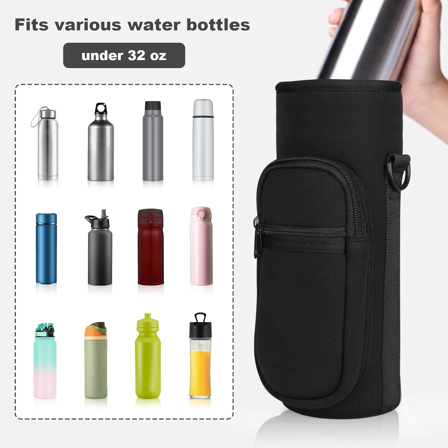 Water Bottle Holder with Strap, Water Bottle Carrier Bag with Phone Pocket, Shoulder Hand Strap Insulated Neoprene 32/40 oz Water Bottle Sleeve for Walking Hiking Camping Gym