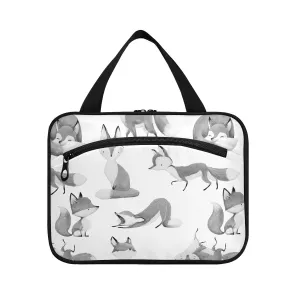 Watercolor Grey White Foxes Doing Different Actions on White 1 PC Hanging Travel Wash bag with Handles, Portable Makeup Organizer Brush Storage Case Portable Travel Cosmetic with Hook M