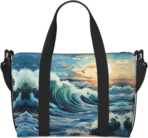 Wave Sailboat Seagull Women's Hand-held Crossbody Travel Bag, Casual Handbag with Zipper, Suitable for Work, Travel, Fitness, Travel