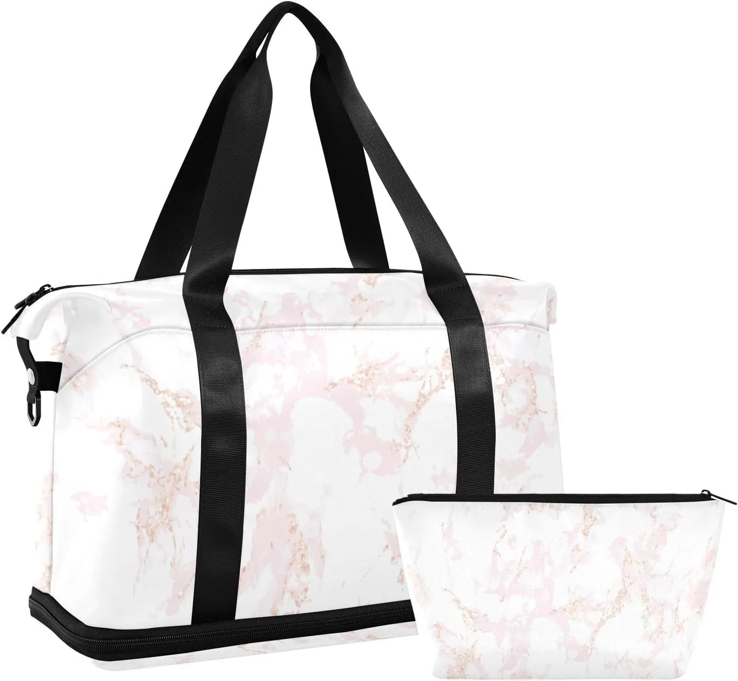 Weekender Bag Set Pink Marble Texture with Rose Gold Sport Travel Duffel Bag Large Tote Bag with Shoe Compartment