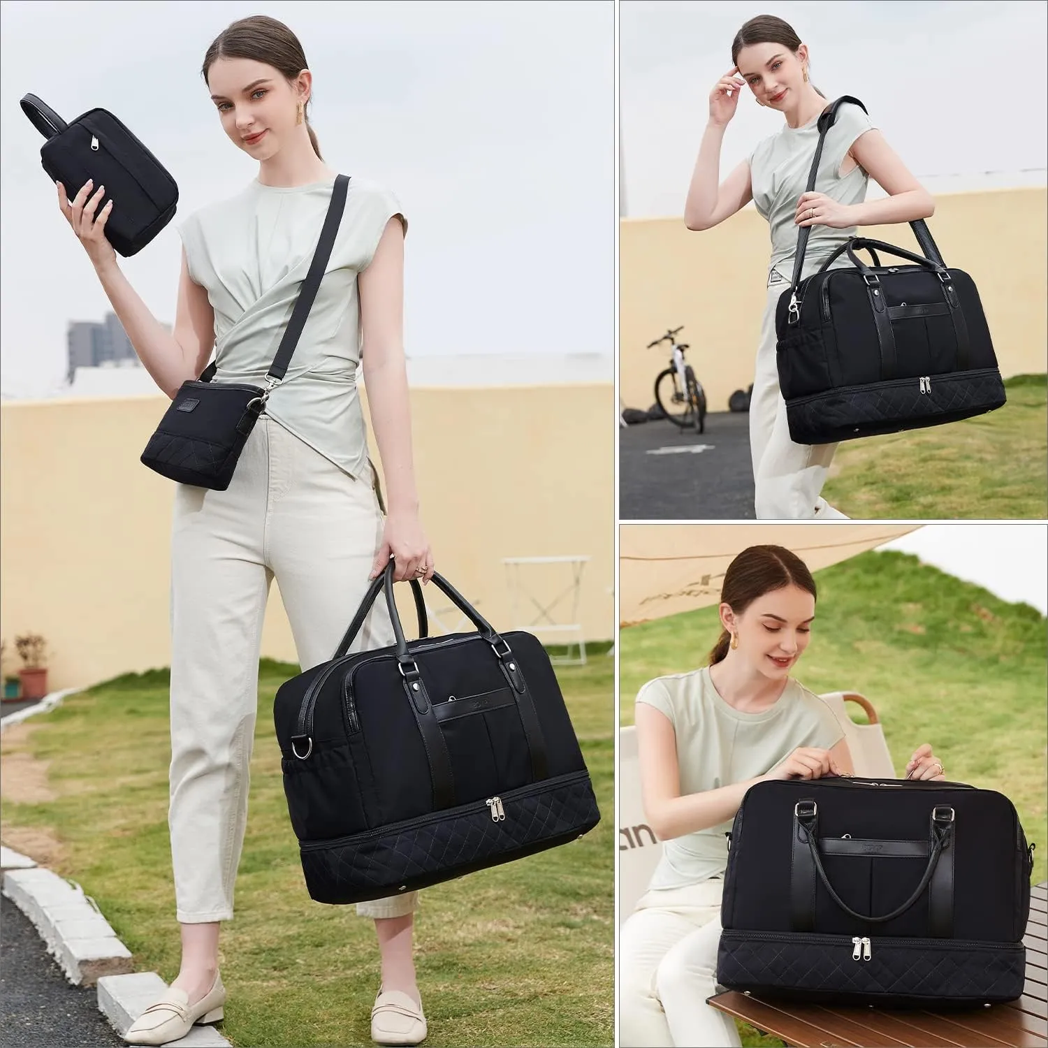 Weekender Bags for Women Overnight Bag Large Canvas Travel Duffel Bag with Shoe Compartment Carry On Tote Bag 3Pcs Set
