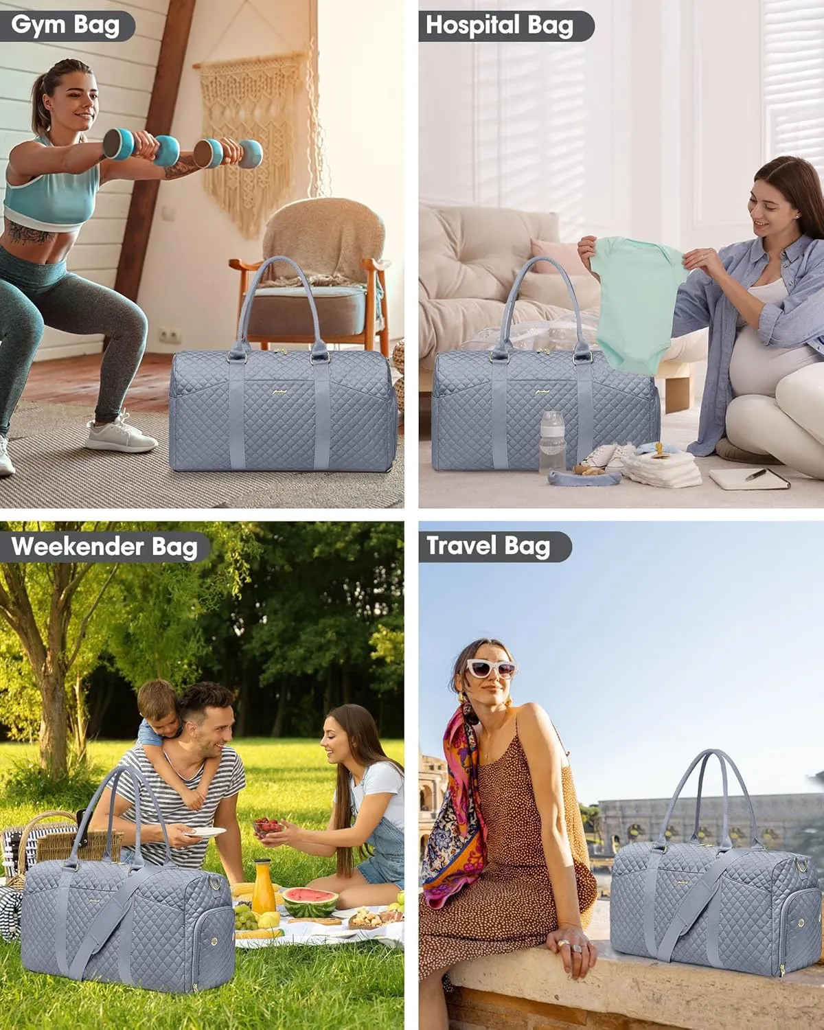Weekender Travel Duffle Bag for Women - Carry on Bag with Shoe Compartment Overnight Bags with Toiletry Bag Wet Pocket Weekend Traveling Yoga Gym Hospital Bags for Labor and Delivery Grey