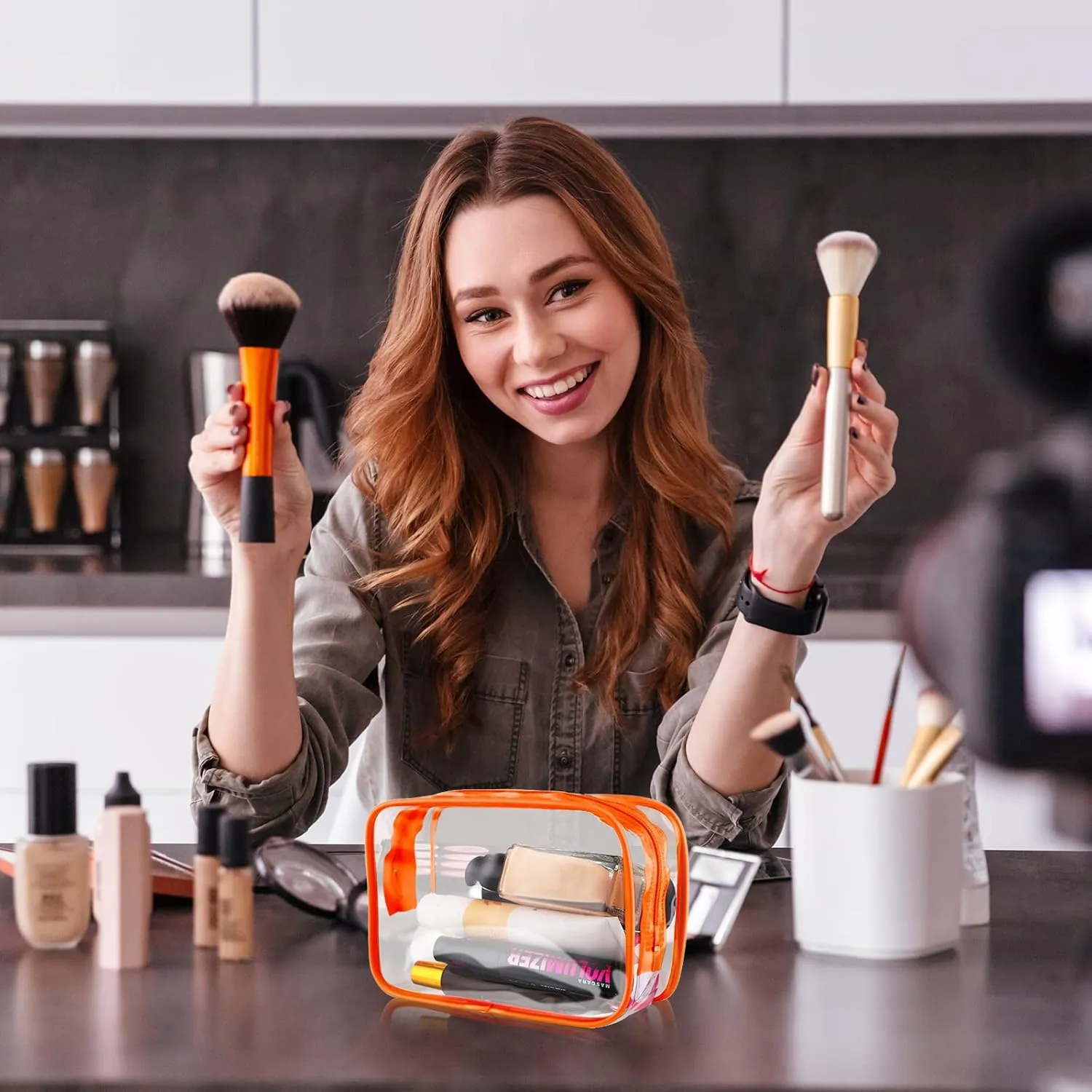 Weewooday 12 Pieces Clear Makeup Bags Cosmetic Storage Bags PVC Zipper Pouches Travel Waterproof Makeup Plastic Case for Women Organizing Toiletries Traveling Bathroom(Small,Orange)
