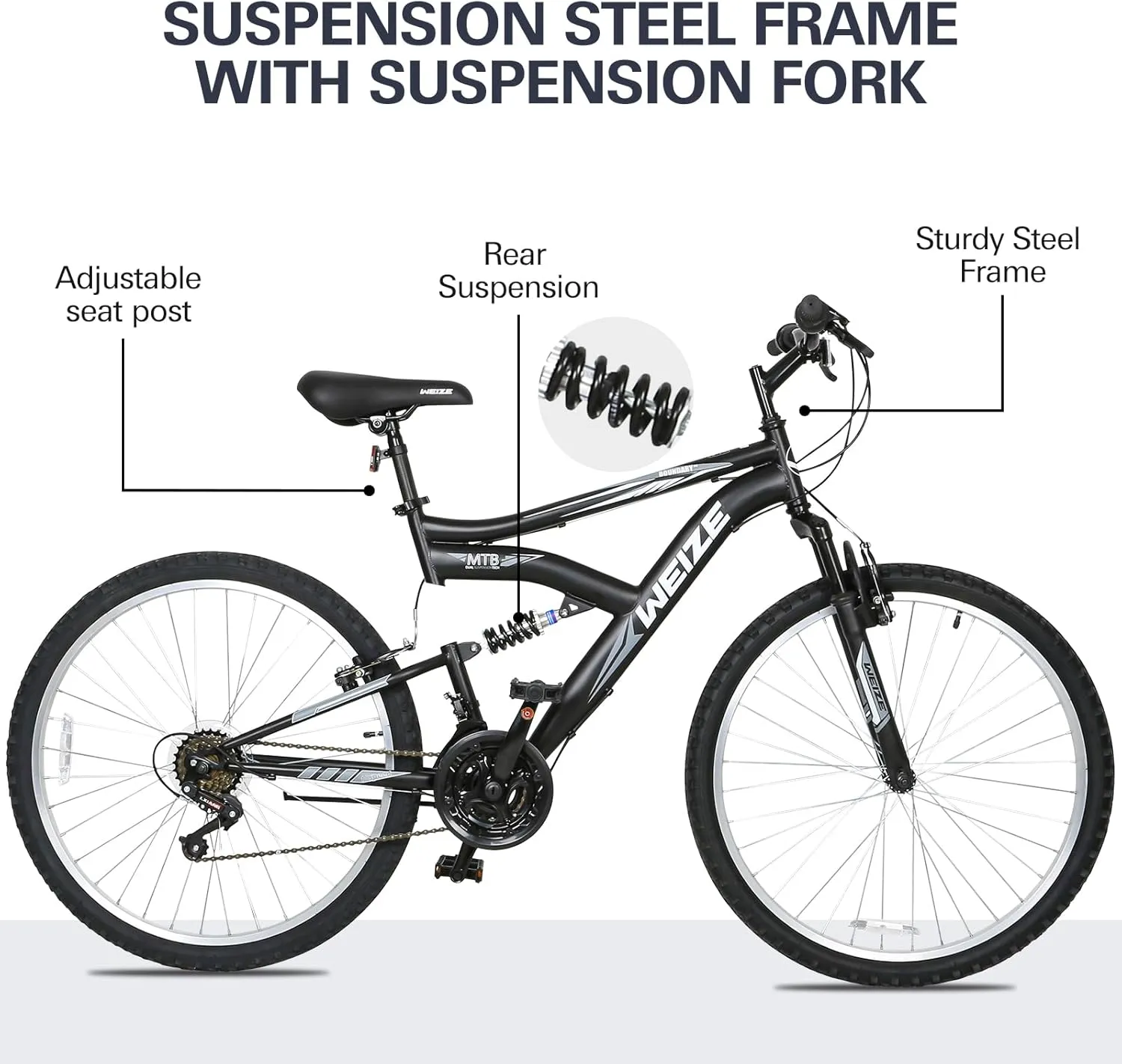 WEIZE Mountain Bike, 26/27.5 inch Outdoor Cycling Bike,18-Speed/High-Carbon Steel/Dual Full Suspension, Adjustable Ergonomic Seat for Men Women Adult, MTB Bicycle with Suspension Fork,Sleek Colors