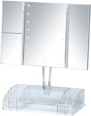 WENKO Fanano LED Standing Mirror with Organiser - Cosmetic Mirror, 300% Magnification, Plastic, 34.5 x 39 x 16.5 cm, White