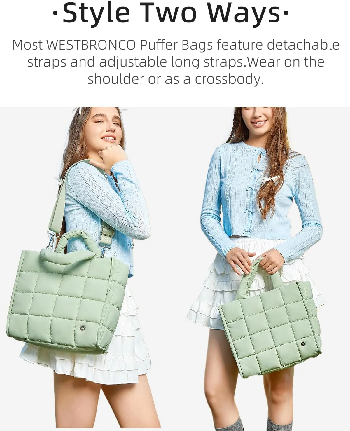 WESTBRONCO Puffer Crossbody Bags for Women Quilted Tote Bag Puffy Weekender Overnight Bag Nylon Shoulder Handbag