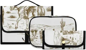 Western Desert Cowboys Travel Toiletry Bag Cosmetic Make up Brush Cases Hanging Water-resistant Accessories Organizer for Women 3PCS