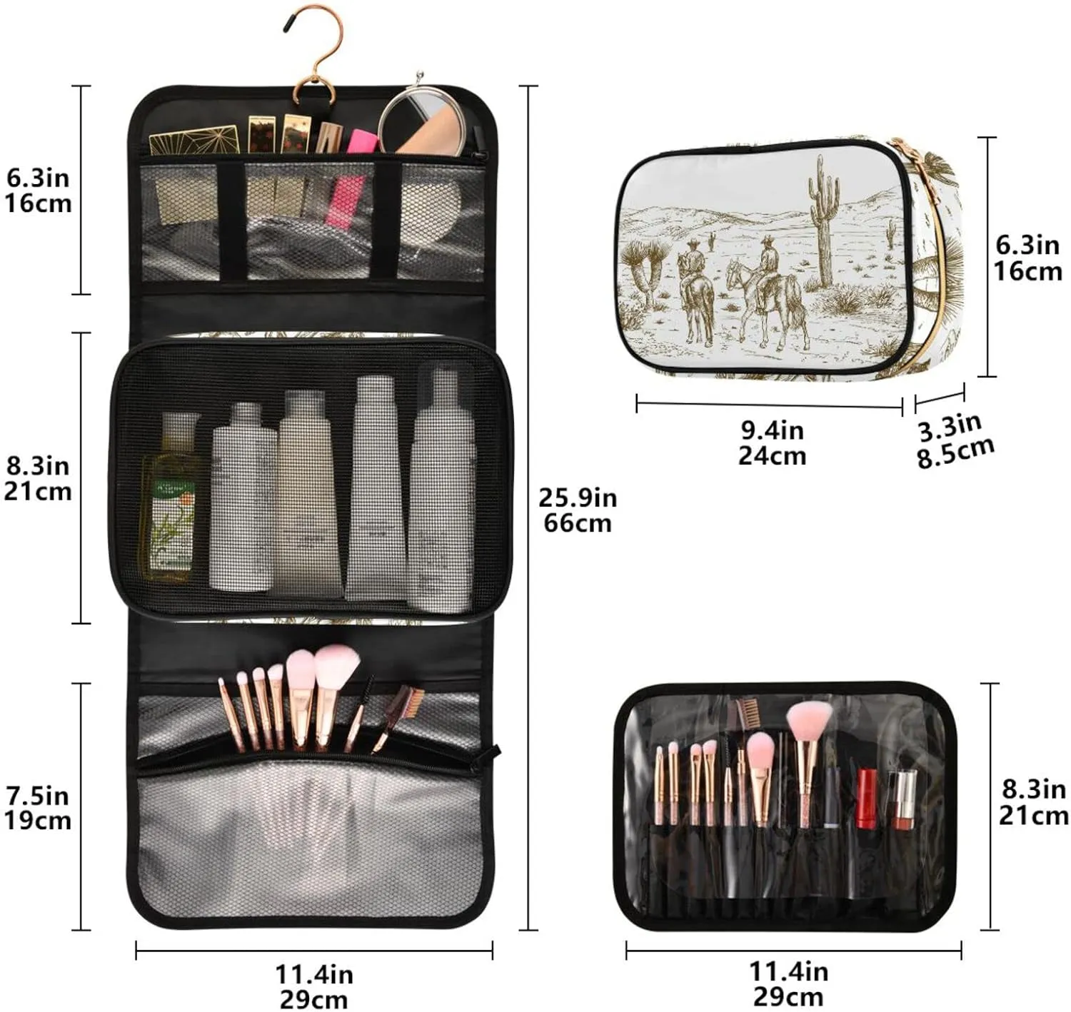 Western Desert Cowboys Travel Toiletry Bag Cosmetic Make up Brush Cases Hanging Water-resistant Accessories Organizer for Women 3PCS