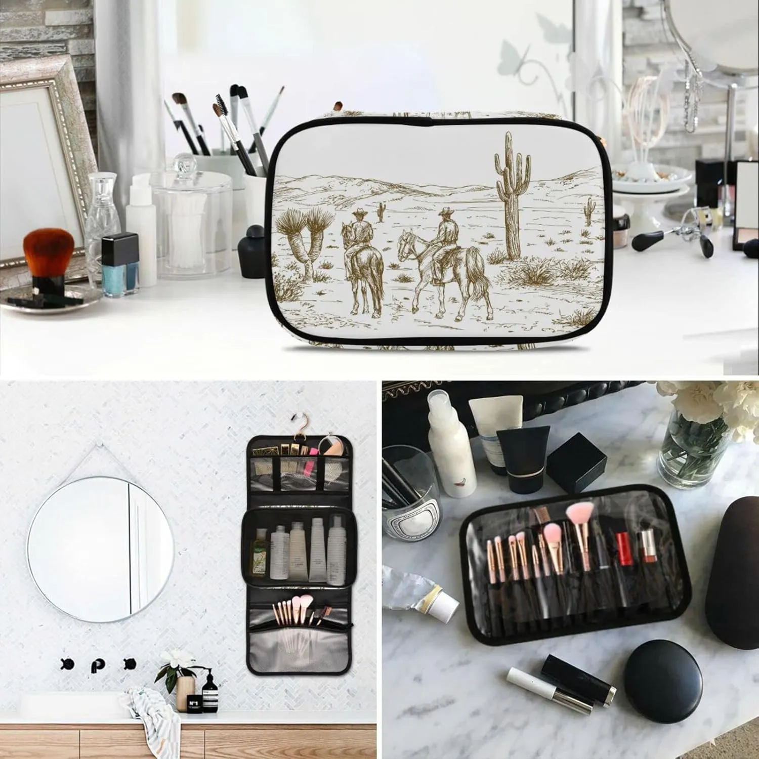Western Desert Cowboys Travel Toiletry Bag Cosmetic Make up Brush Cases Hanging Water-resistant Accessories Organizer for Women 3PCS