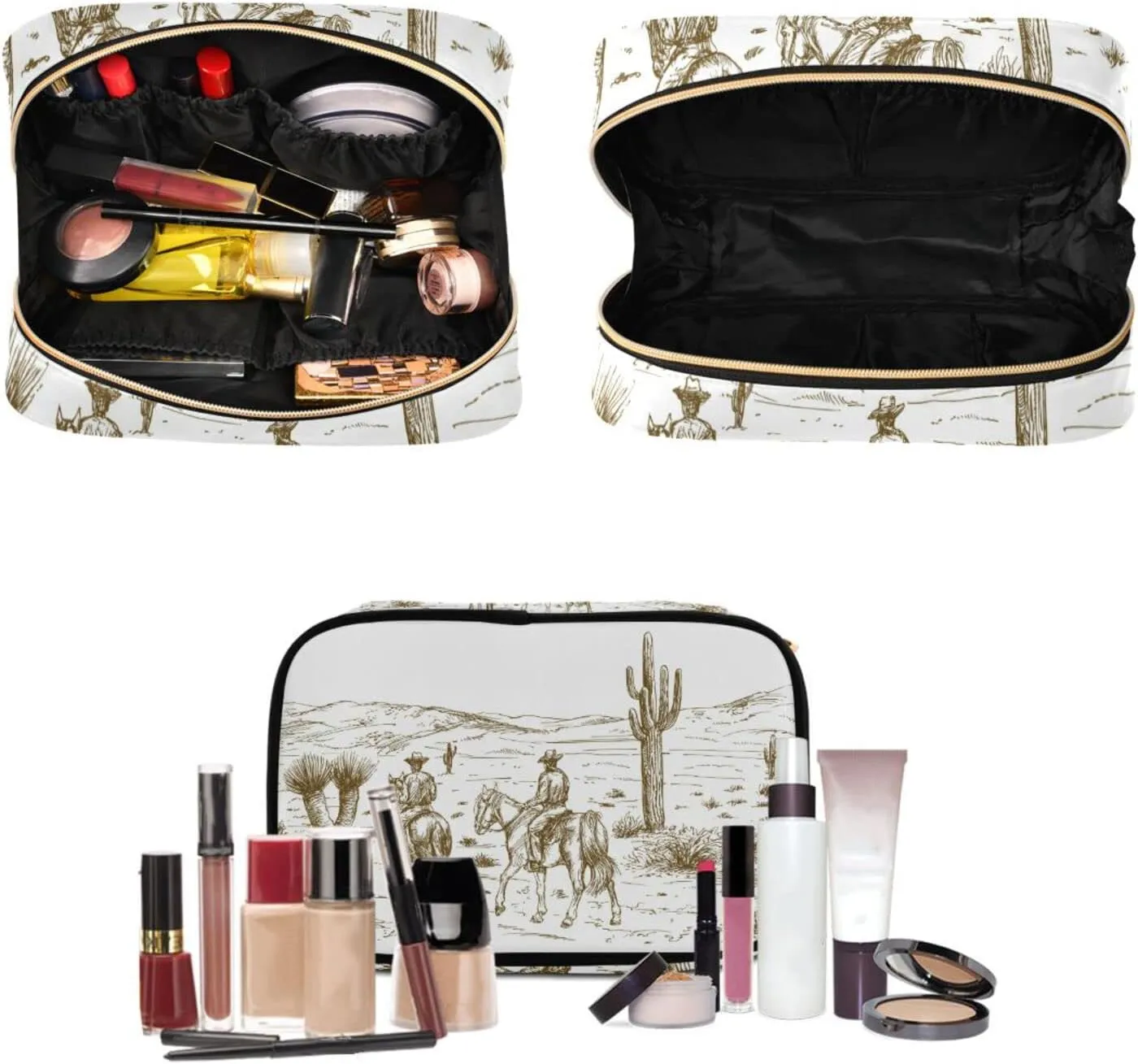 Western Desert Cowboys Travel Toiletry Bag Cosmetic Make up Brush Cases Hanging Water-resistant Accessories Organizer for Women 3PCS