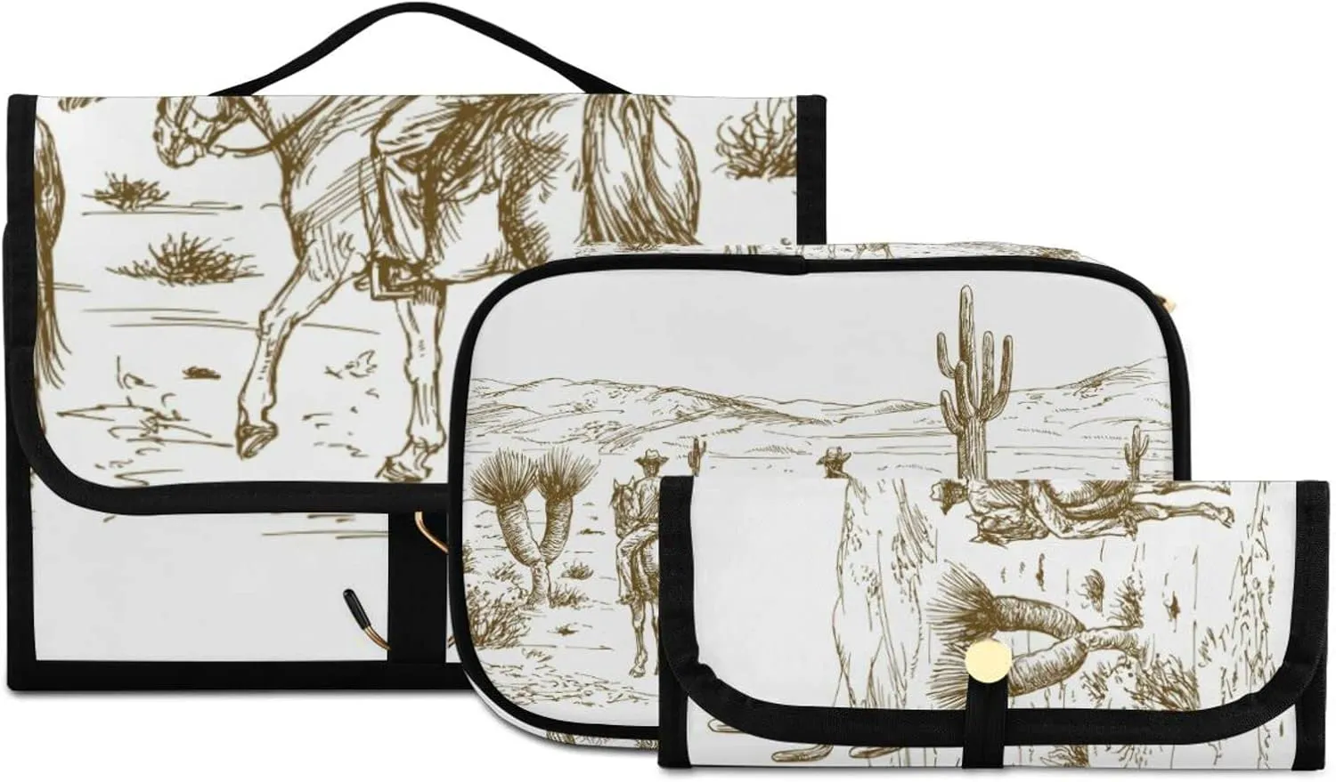 Western Desert Cowboys Travel Toiletry Bag Cosmetic Make up Brush Cases Hanging Water-resistant Accessories Organizer for Women 3PCS