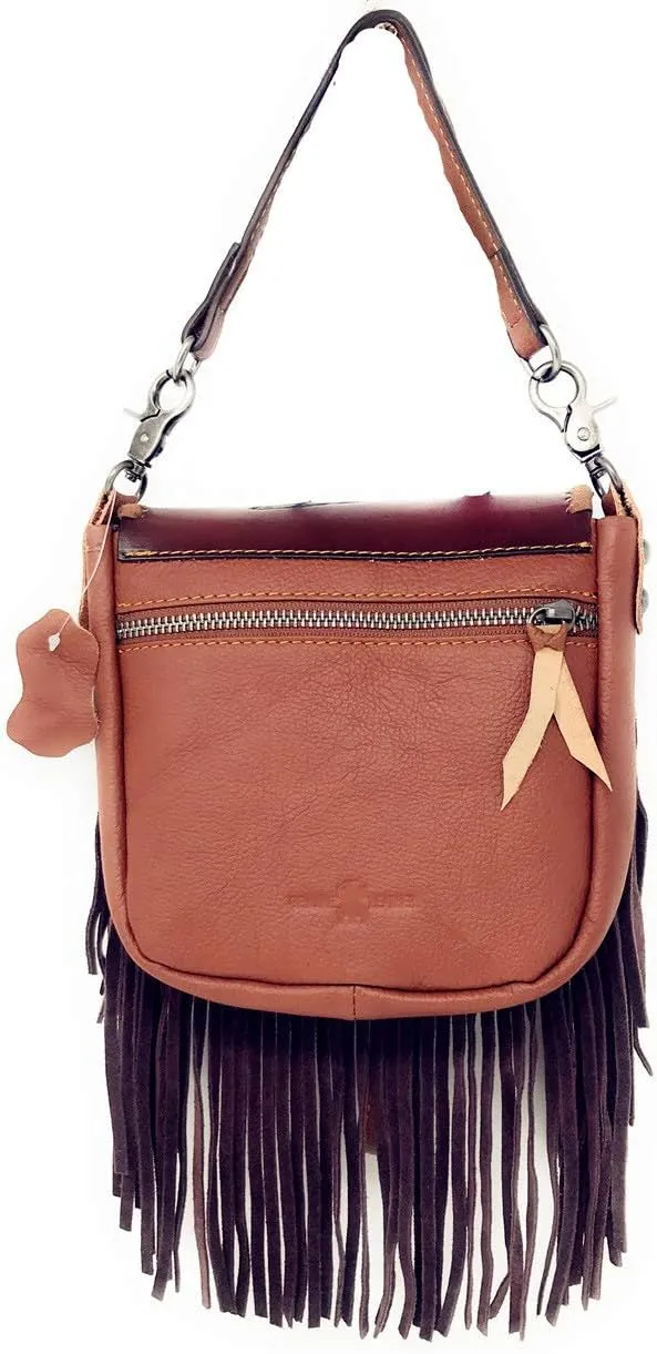 Western Genuine Leather Indian Head Cowgirl Crossbody Messenger Fringe Purse Bag in 4 colors