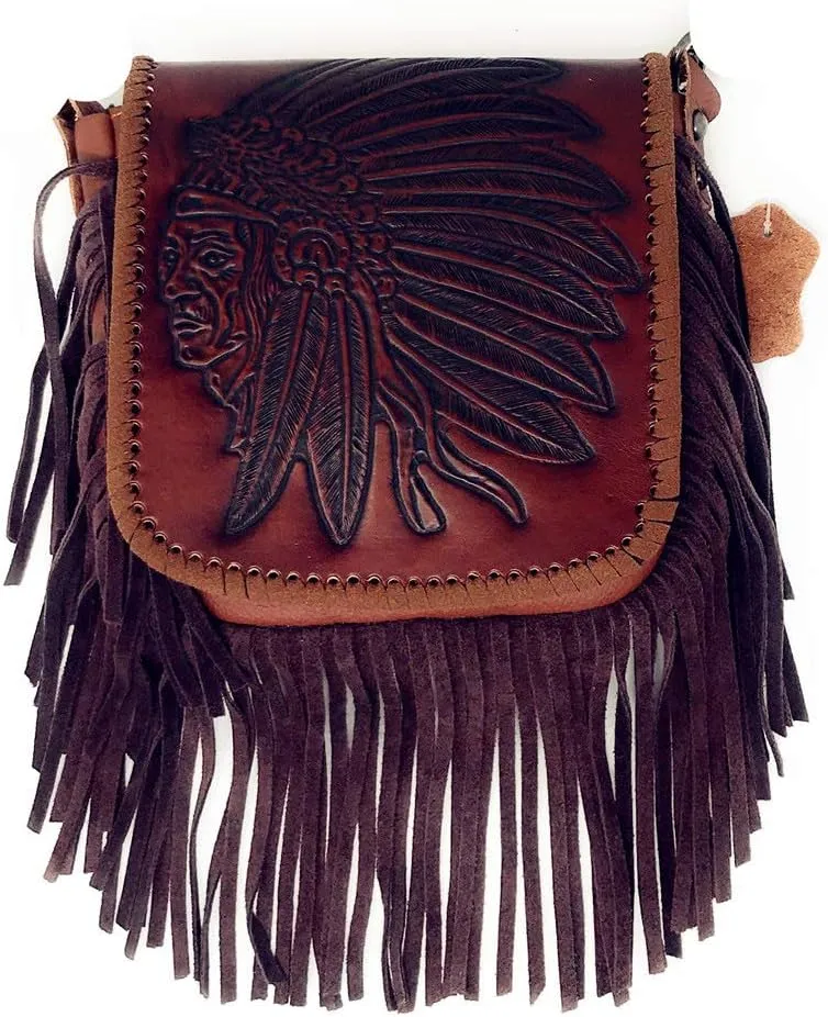 Western Genuine Leather Indian Head Cowgirl Crossbody Messenger Fringe Purse Bag in 4 colors