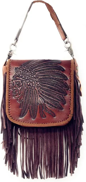 Western Genuine Leather Indian Head Cowgirl Crossbody Messenger Fringe Purse Bag in 4 colors