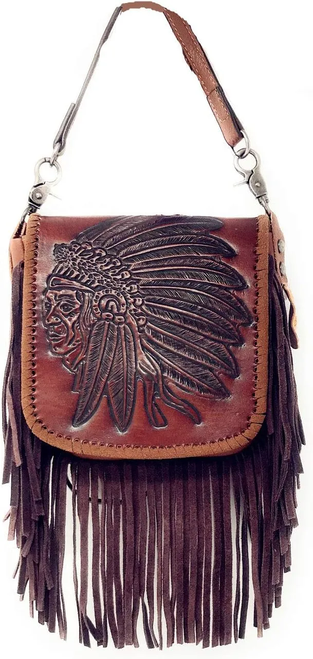 Western Genuine Leather Indian Head Cowgirl Crossbody Messenger Fringe Purse Bag in 4 colors