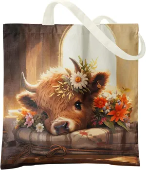 Western Highland Cow Canvas Tote Bag - Highland Cow Lover Gifts,Canvas Shoulder Bag for Women for Girls