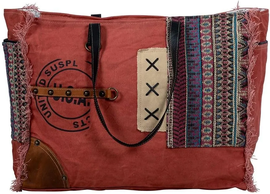Western Leather Weekender Bag for Women - Upcycled Canvas Shoulder Bag - Ruby Canyon
