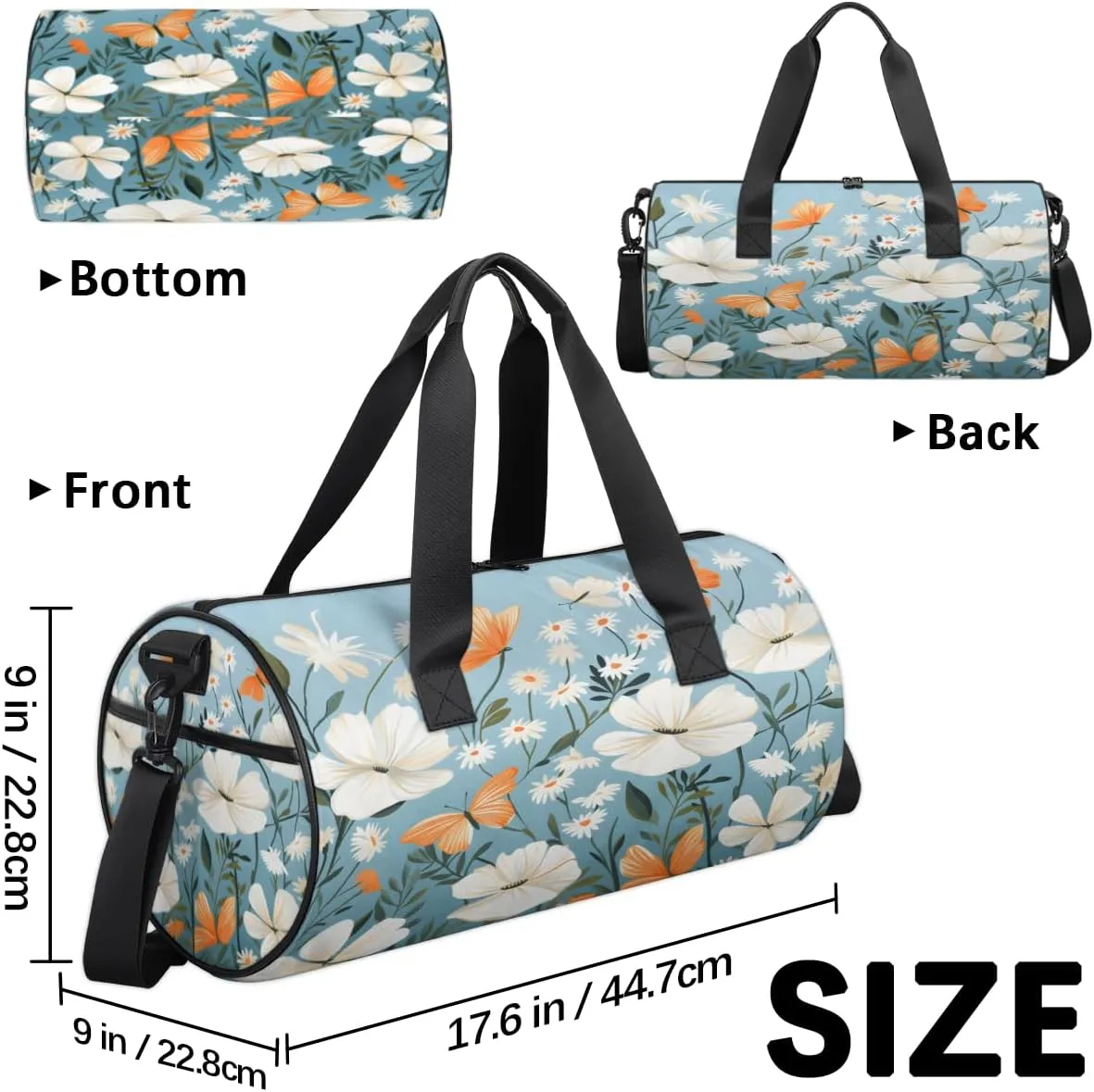 White Bloom Orange Flutter Sports Duffel Bag with Shoulder Strap, Large Capacity Gym Bag with Shoe Compartment, Water Resistant Travel Duffle Bag for Men Women Travel, Sports (17.6x9x9 Inch)