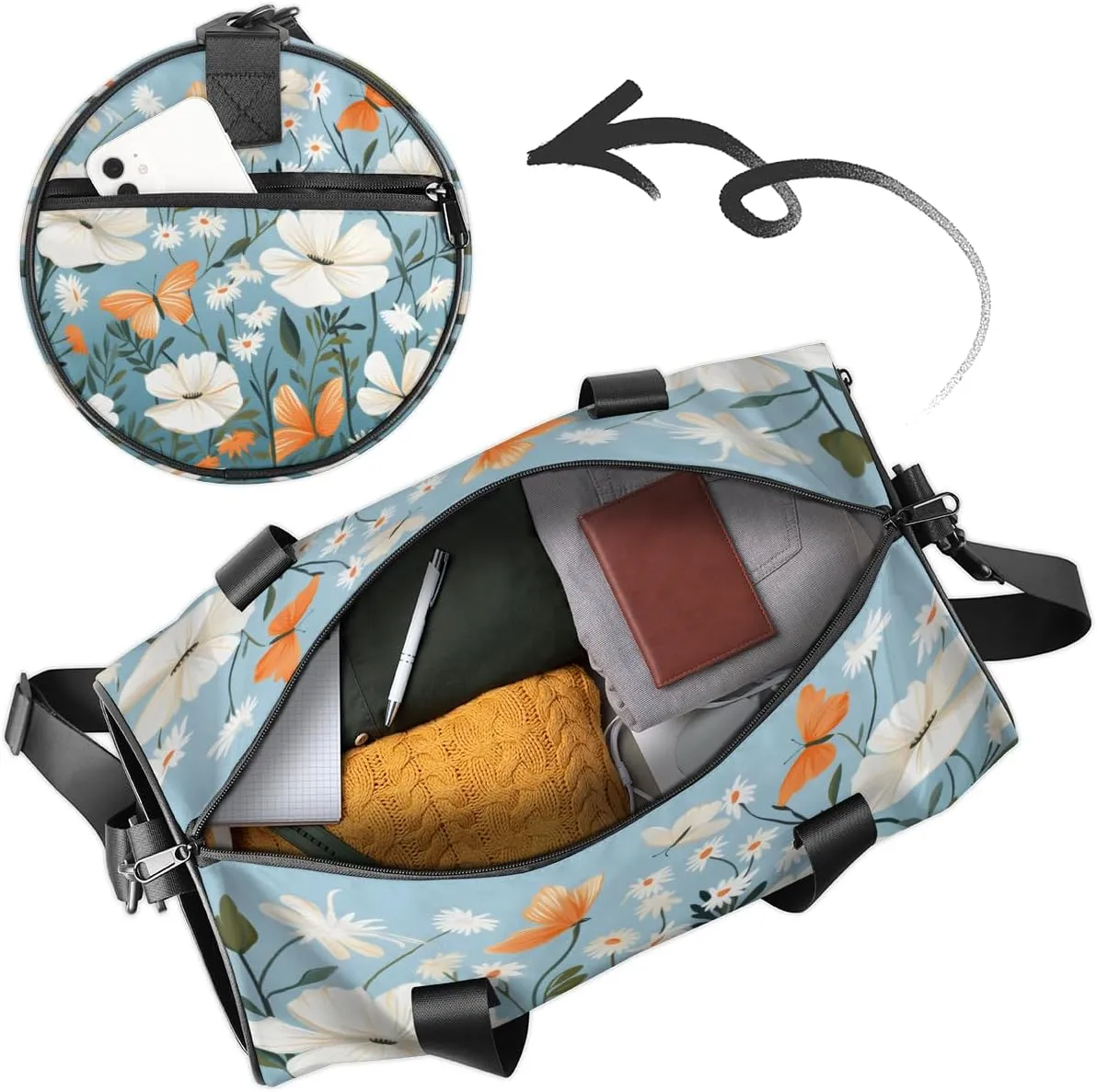 White Bloom Orange Flutter Sports Duffel Bag with Shoulder Strap, Large Capacity Gym Bag with Shoe Compartment, Water Resistant Travel Duffle Bag for Men Women Travel, Sports (17.6x9x9 Inch)