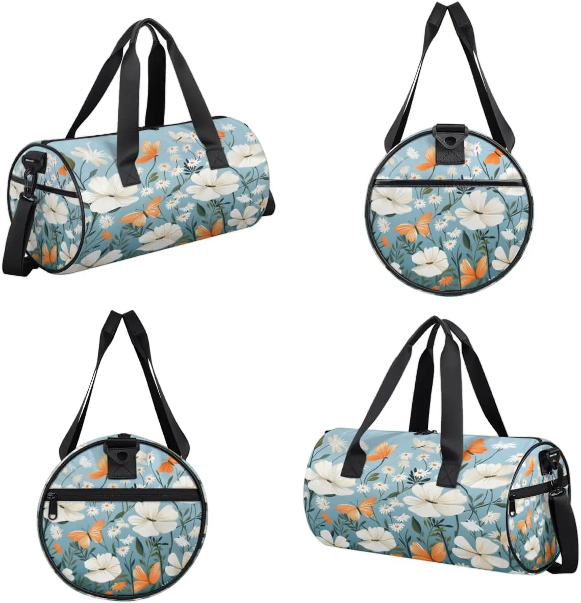 White Bloom Orange Flutter Sports Duffel Bag with Shoulder Strap, Large Capacity Gym Bag with Shoe Compartment, Water Resistant Travel Duffle Bag for Men Women Travel, Sports (17.6x9x9 Inch)