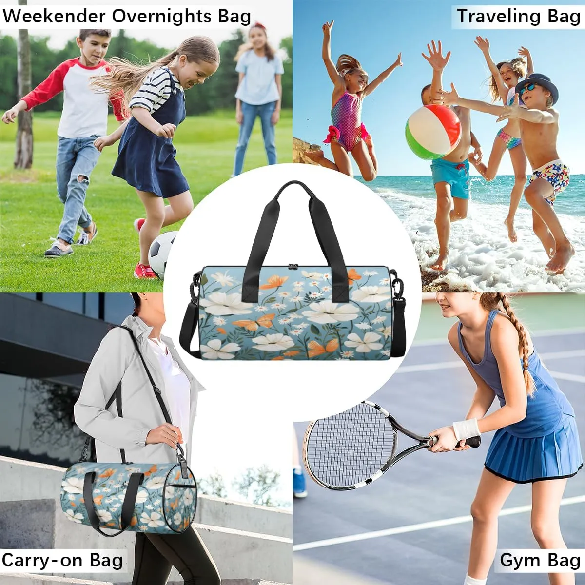 White Bloom Orange Flutter Sports Duffel Bag with Shoulder Strap, Large Capacity Gym Bag with Shoe Compartment, Water Resistant Travel Duffle Bag for Men Women Travel, Sports (17.6x9x9 Inch)