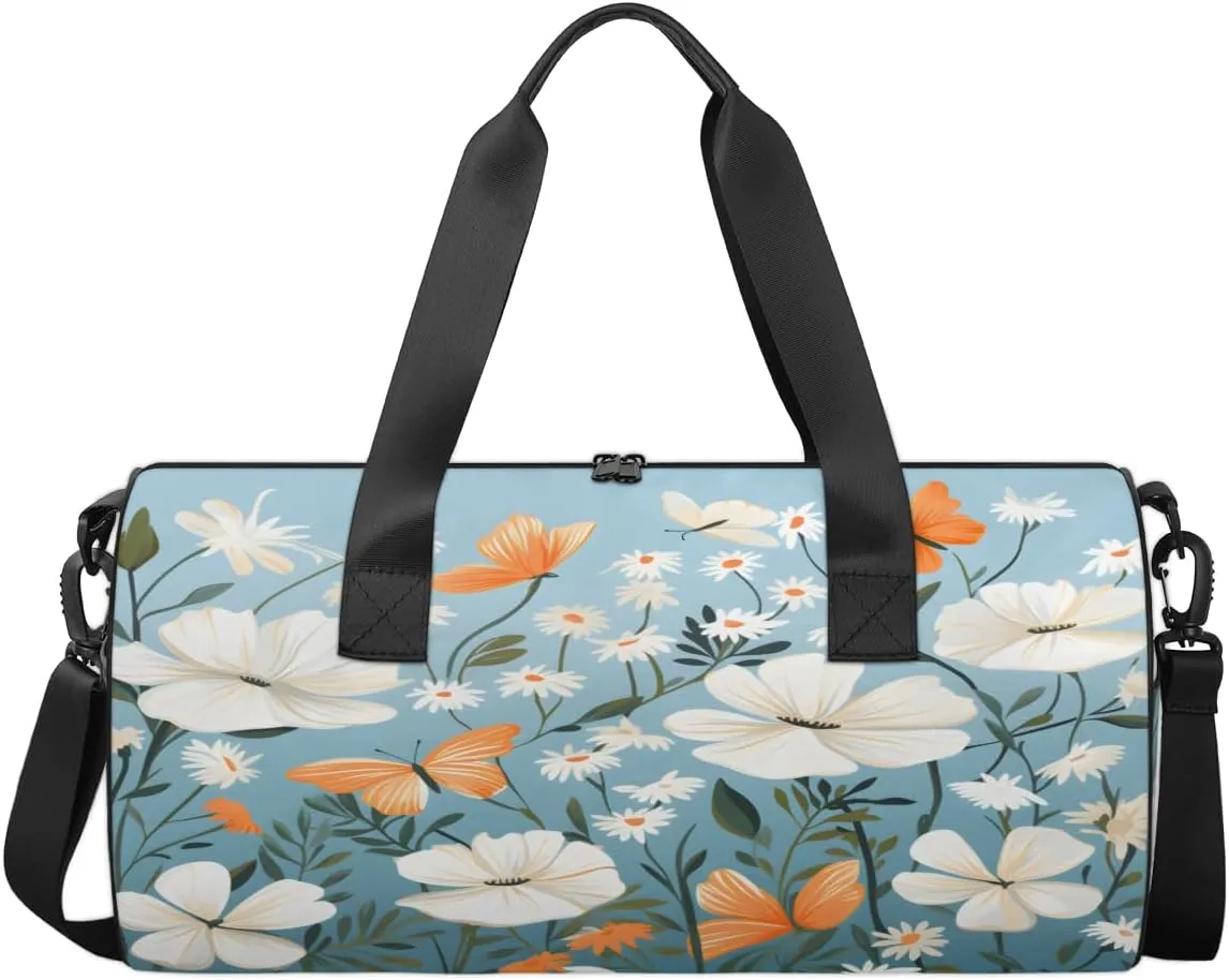 White Bloom Orange Flutter Sports Duffel Bag with Shoulder Strap, Large Capacity Gym Bag with Shoe Compartment, Water Resistant Travel Duffle Bag for Men Women Travel, Sports (17.6x9x9 Inch)