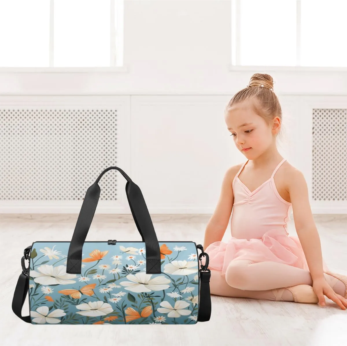 White Bloom Orange Flutter Sports Duffel Bag with Shoulder Strap, Large Capacity Gym Bag with Shoe Compartment, Water Resistant Travel Duffle Bag for Men Women Travel, Sports (17.6x9x9 Inch)
