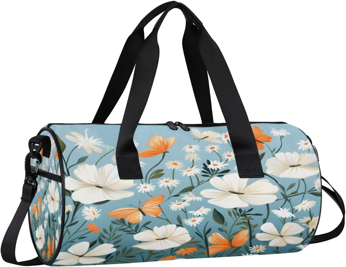 White Bloom Orange Flutter Sports Duffel Bag with Shoulder Strap, Large Capacity Gym Bag with Shoe Compartment, Water Resistant Travel Duffle Bag for Men Women Travel, Sports (17.6x9x9 Inch)