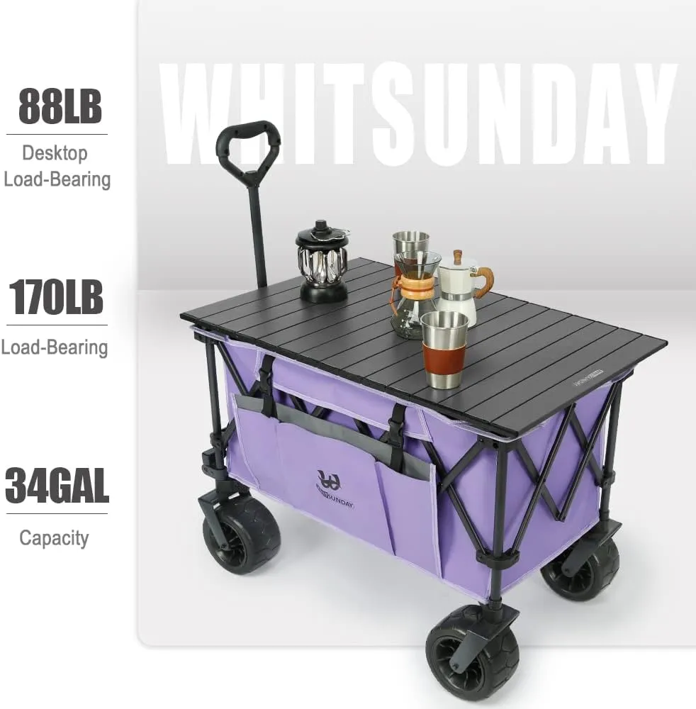 Whitsunday Collasible Wagon, Large Capacity 400Lbs, All-Terrain Wheels Heavy Duty Utility Wagon for Gardening Shopping Fishing Camping Outdoor Picnic Purple