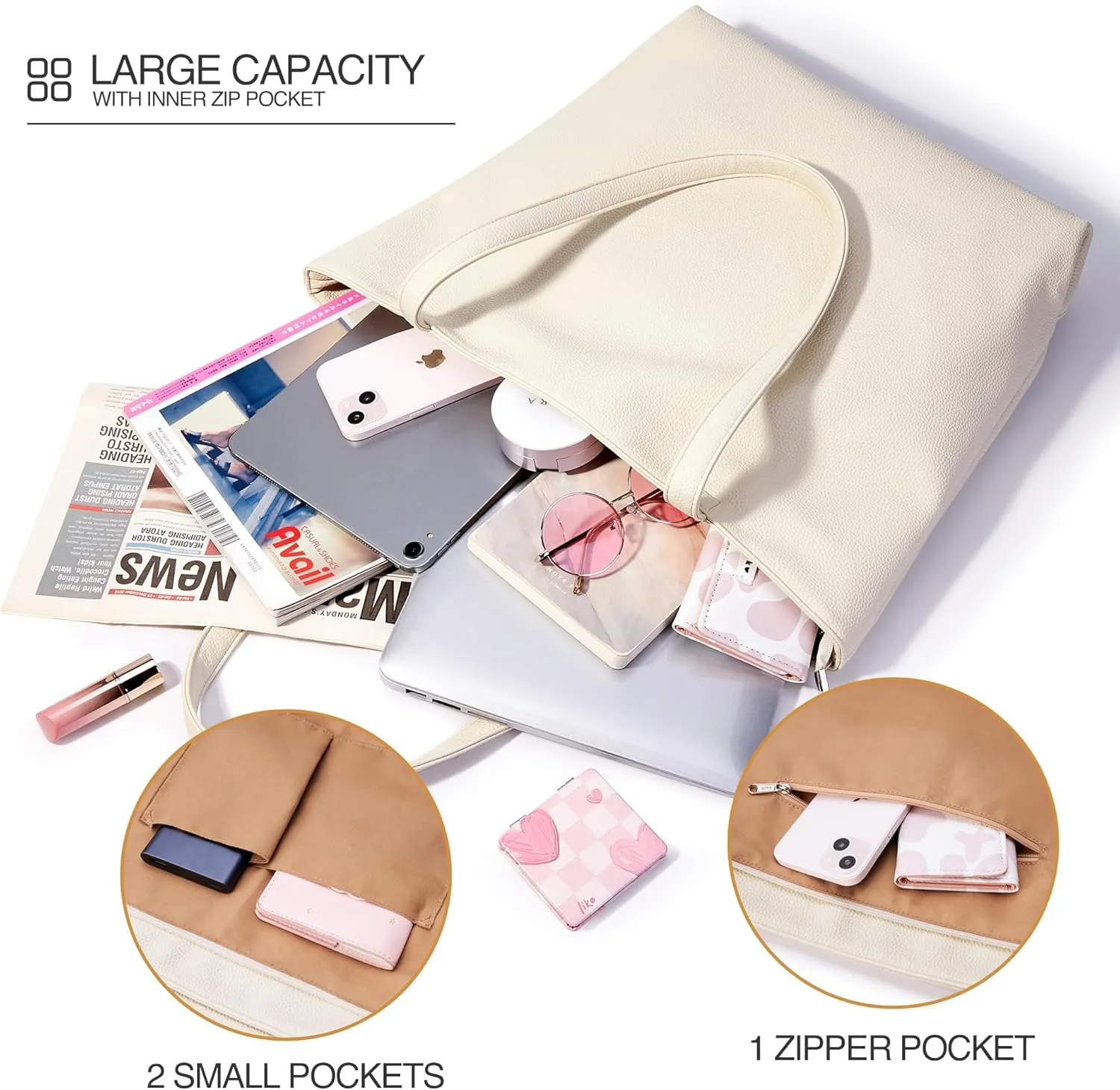 WLLWOO WLLWOO Soft PU Leather Tote Bag for Women Large Casual Hobo Handbags with Zipper Shoulder Work Bag Travel Purse