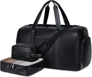Wogarl 3PCS Faux Leather Weekender Bag for Women Men Large Overnight Bag Travel Duffel Bag with Shoe Compartment Toiletry Packing Cube Carry On Bag Fit 21" Laptop(Black)