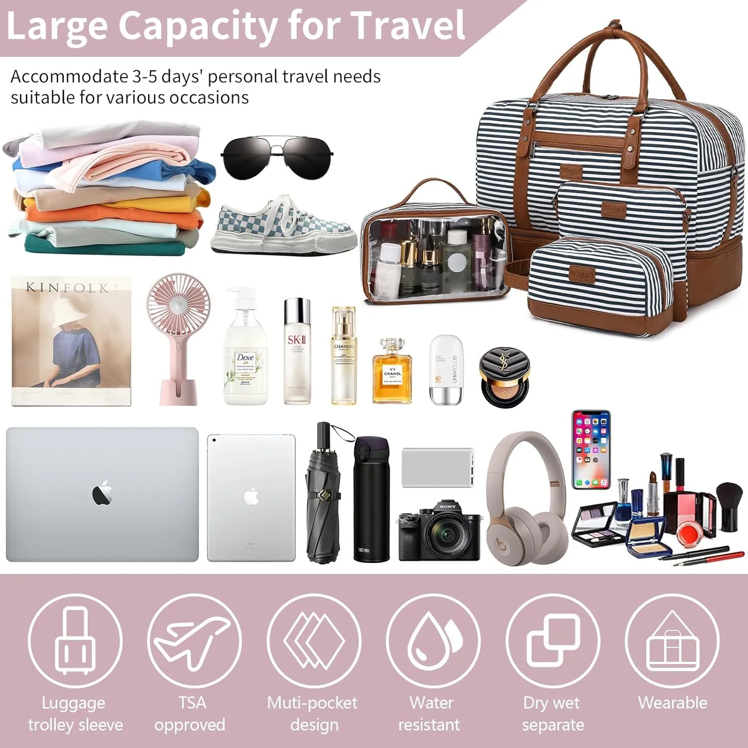 Wogarl Weekender Bags for Women Large Overnight Bag Weekend Travel Duffel Bag Carry on Shoulder with Shoe Compartment Toiletry Bag for Travel Business Gym