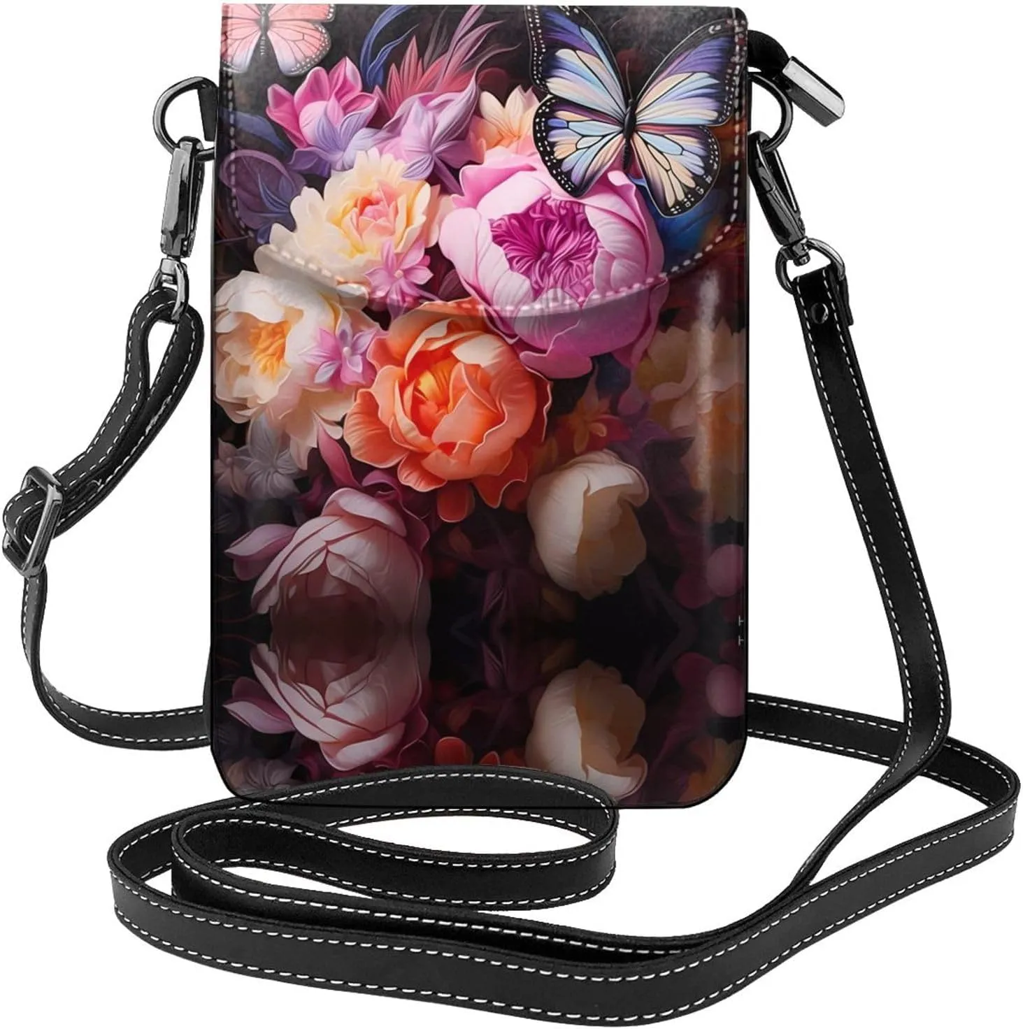 women leather Cell Phone Purse Butterflies and Fresh Bush pattern Multifunction,Soft, durable,Convenient for daily use and travel Black