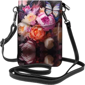women leather Cell Phone Purse Butterflies and Fresh Bush pattern Multifunction,Soft, durable,Convenient for daily use and travel Black