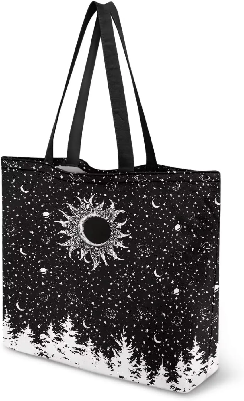 Women Men Canvas Bag with Inner Zipper Pocket Large Reusable Grocery Tote Handbag