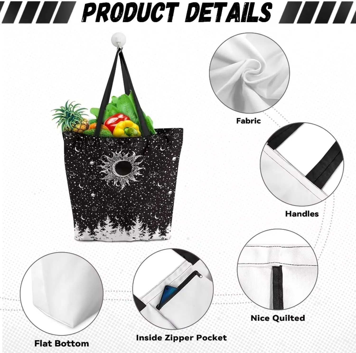 Women Men Canvas Bag with Inner Zipper Pocket Large Reusable Grocery Tote Handbag