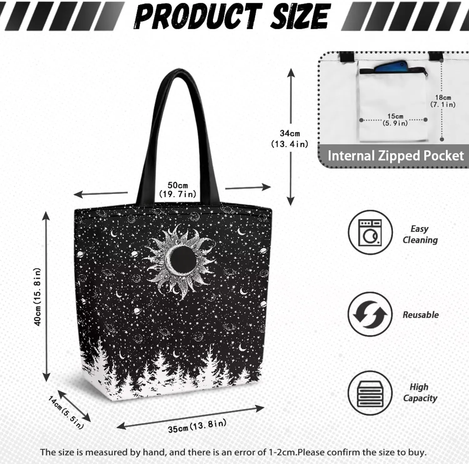 Women Men Canvas Bag with Inner Zipper Pocket Large Reusable Grocery Tote Handbag