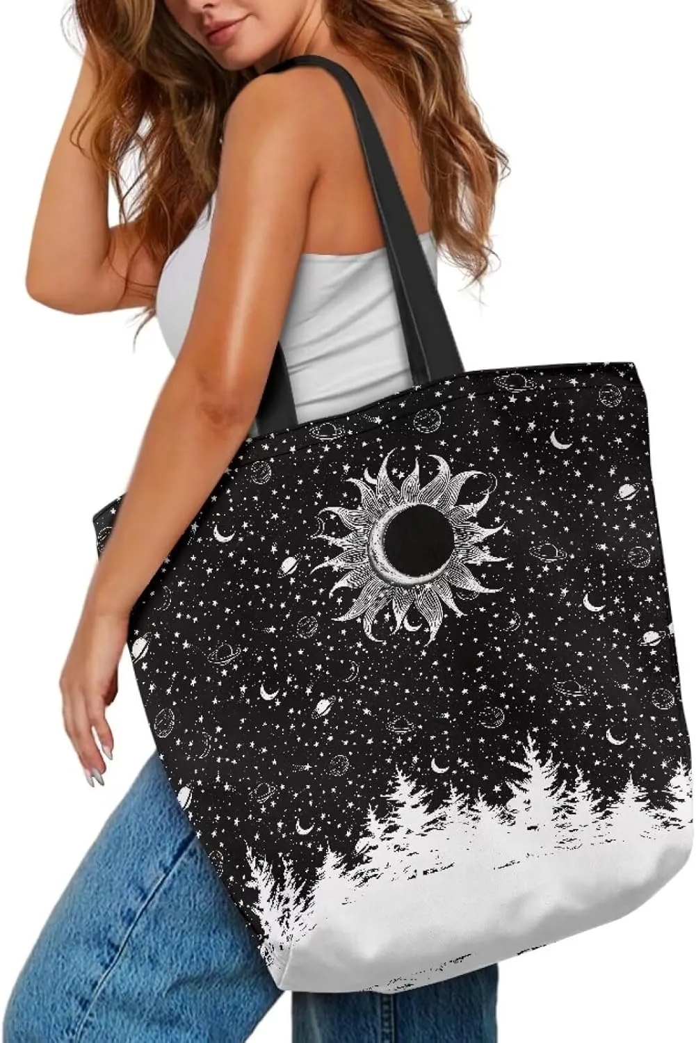 Women Men Canvas Bag with Inner Zipper Pocket Large Reusable Grocery Tote Handbag