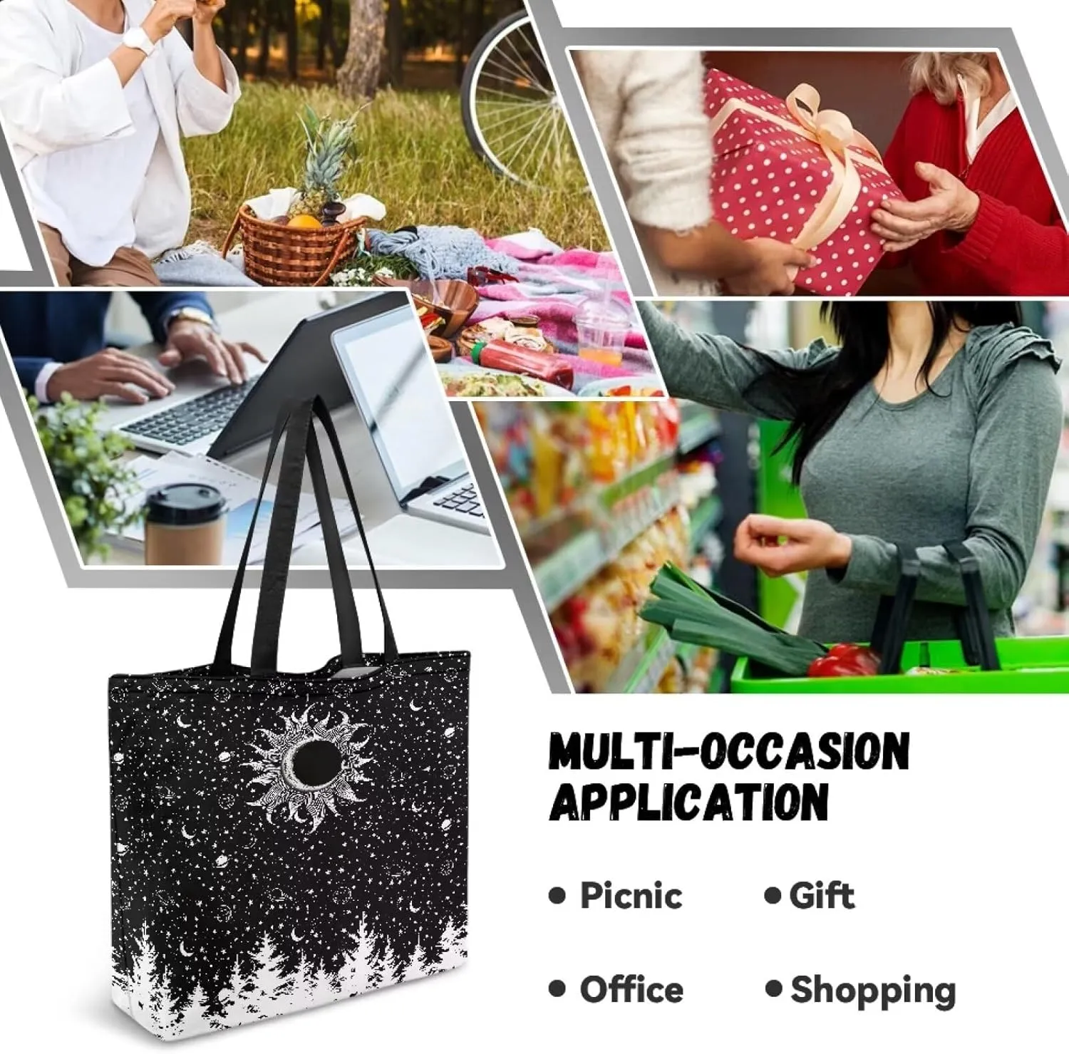 Women Men Canvas Bag with Inner Zipper Pocket Large Reusable Grocery Tote Handbag
