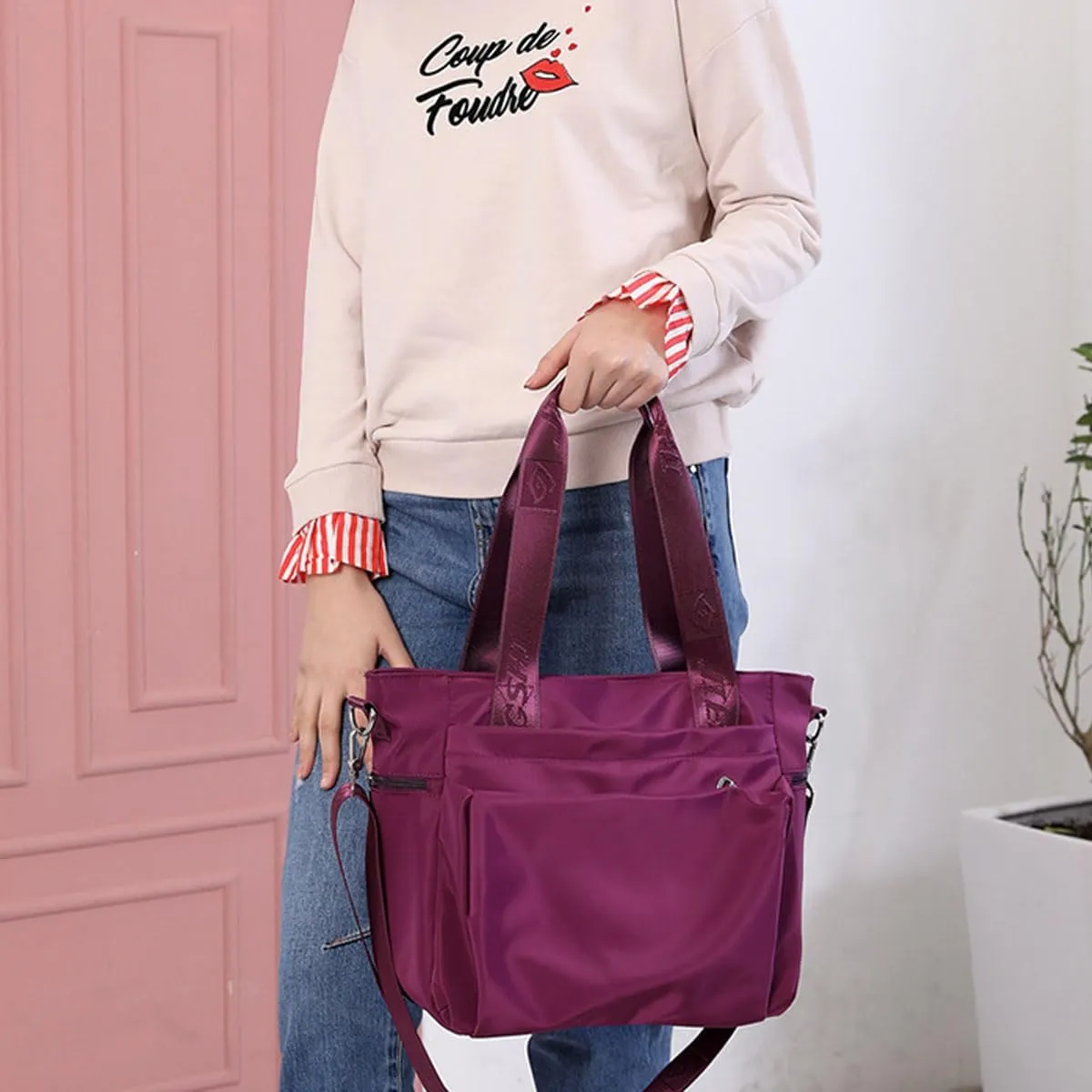 Women Nylon Tote Bag Multi-function Shoulder Bag Multiple Pockets Purse Handbag Lightweight Travel Messenger Bag
